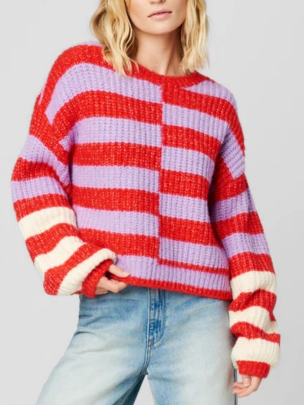 Blank NYC Red & Lavender Colorblock Stripe Chunky Crew Sweater Wool Blend